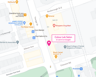 Map of Colour Lab Salon located in Yorkville, Toronto at the corner of Gibson avenue and Younge Street