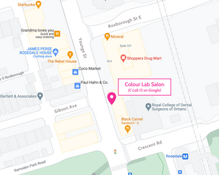 Map of Colour Lab Salon located in Yorkville, Toronto at the corner of Gibson avenue and Younge Street 